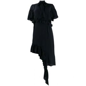 ROKH Asymmetric Silk Midi Dress with Ruffles In Black Size 4-6